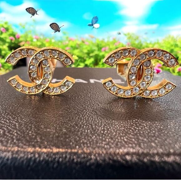 CHANEL Gold Stud Earrings with Crystal Floral Design - Picture 8 of 9